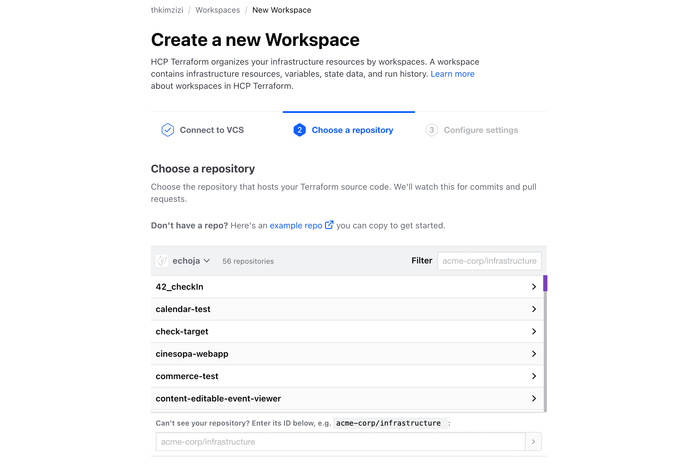 HCP Terraform - Create a new Workspace: GitHub의 계정을 연결하고 원하는 레포를 선택합니다